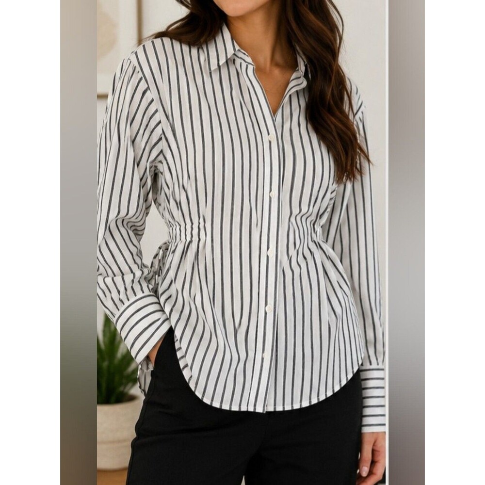 LOFT Striped Button Down Shirt XS White Black 100% Cotton Open Back Tie Waist